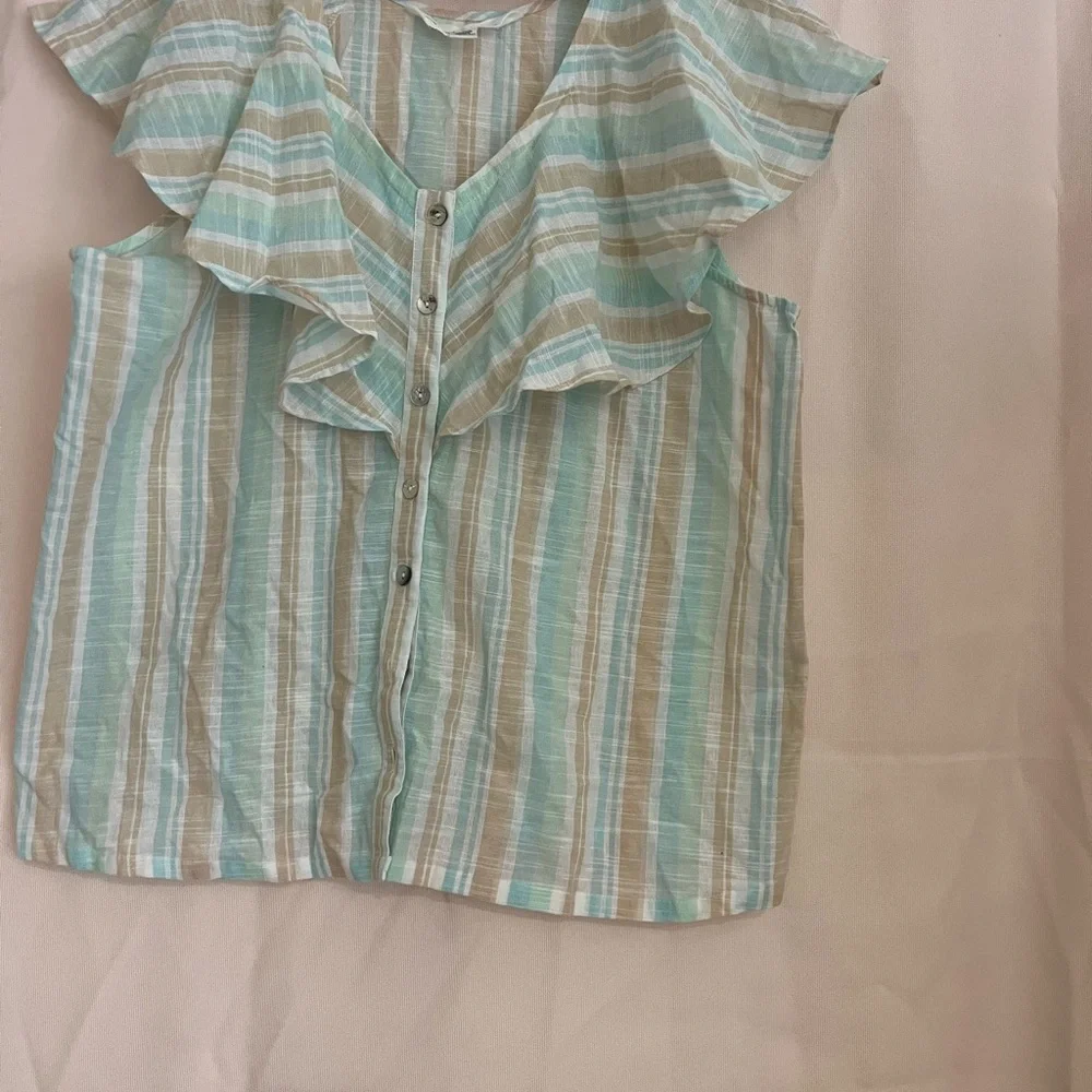 French Laundry Green Blue Ruffled Bib Collar Blouse - Picture 3 of 8